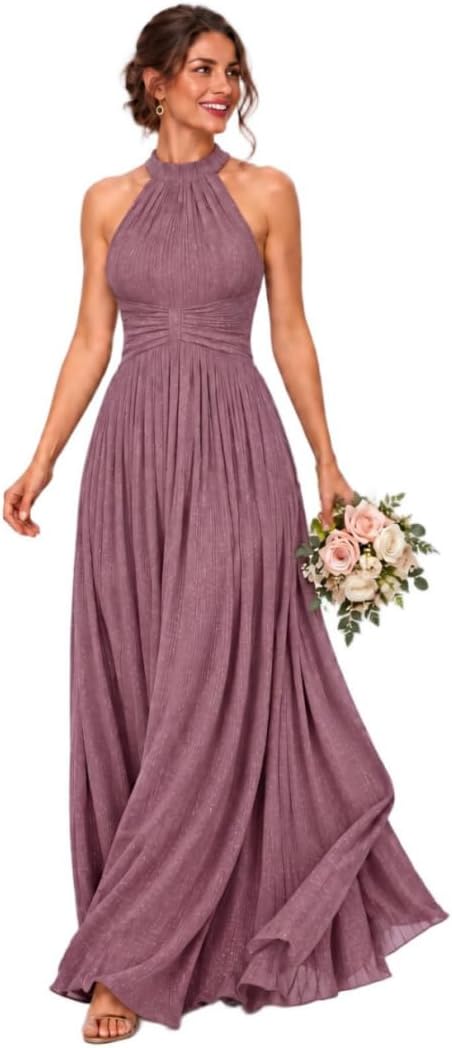 Glitter Chiffon Halter Bridesmaid Dress with Pleated Empire Waist