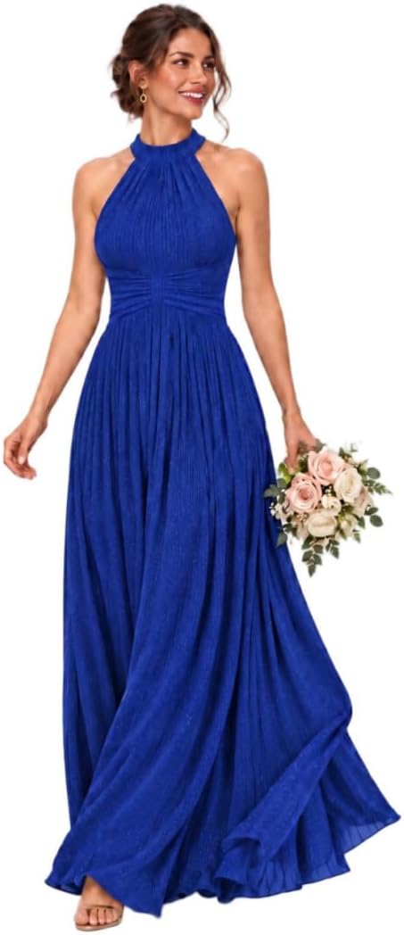 Glitter Chiffon Halter Bridesmaid Dress with Pleated Empire Waist