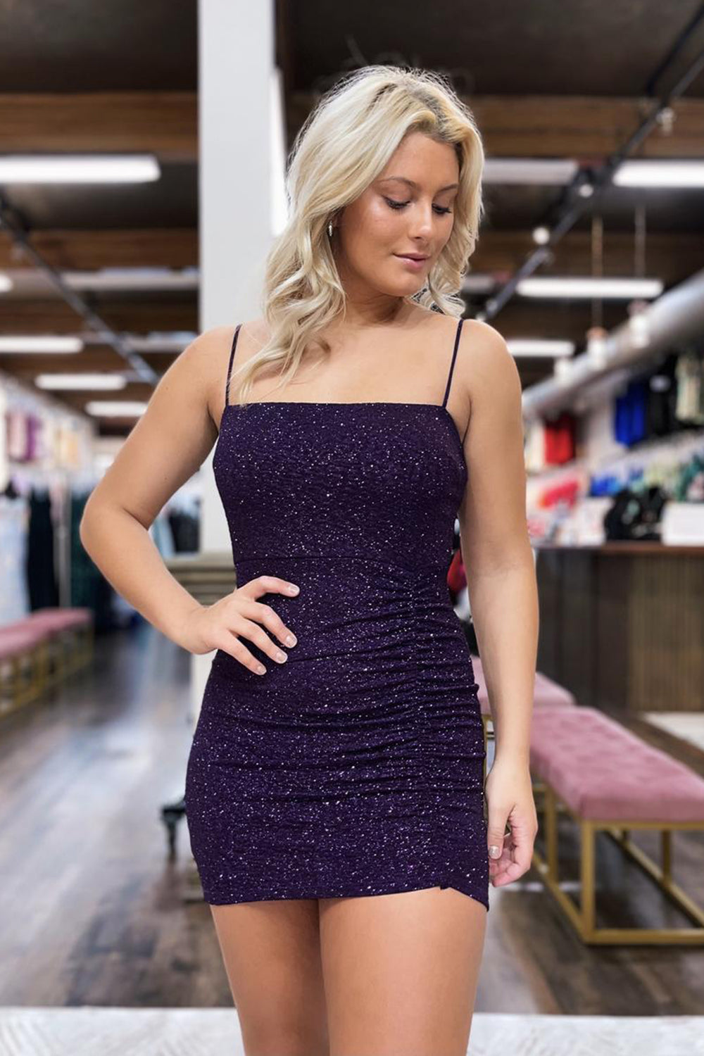 Glitter Dark Purple Homecoming Dress Sequin Spaghetti Straps Tight Short Cocktail Dresses