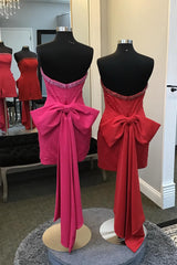 Glitter Fuchsia Homecoming Dress Beaded Strapless Bodycon Short Prom Dress With Bow