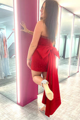 Glitter Fuchsia Homecoming Dress Beaded Strapless Bodycon Short Prom Dress With Bow