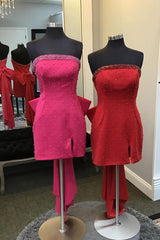 Glitter Fuchsia Homecoming Dress Beaded Strapless Bodycon Short Prom Dress With Bow
