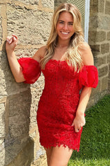 Glitter Fuchsia Homecoming Dress Detachable Short Sleeves Tight Lace Short Prom Dress