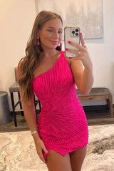 Glitter Fuchsia Homecoming Dress One Shoulder Beaded Tight Prom Dress