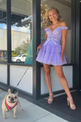 Glitter Fuchsia Homecoming Dress Tiered A-Line Tulle Corset Short Prom Dress with Lace