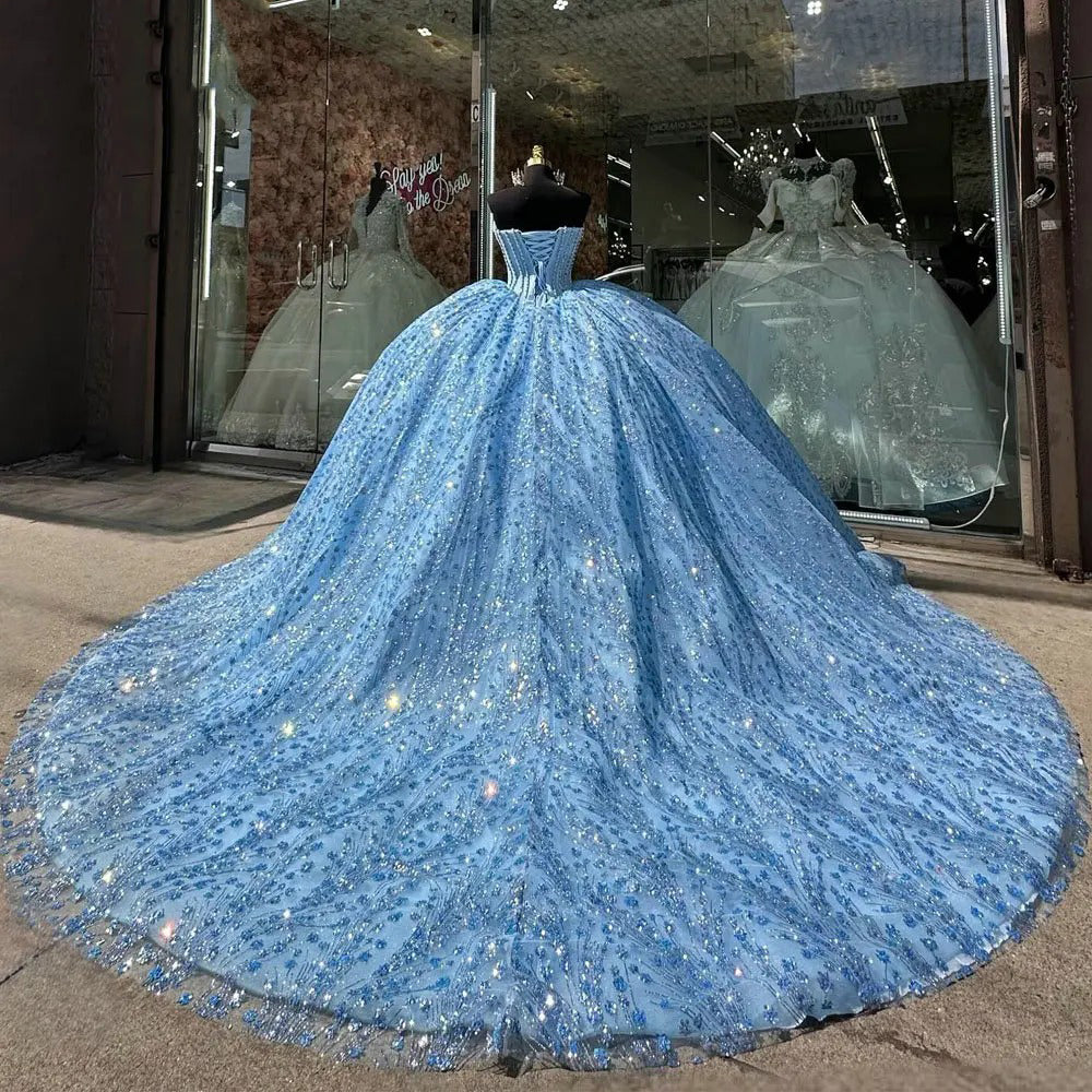 Glitter & Glamorous Ball Gown Strapless Fully Beaded Sequins Sky Blue Tulle Quinceanera Dress Princess Birthday Party Gown For Sweet 16