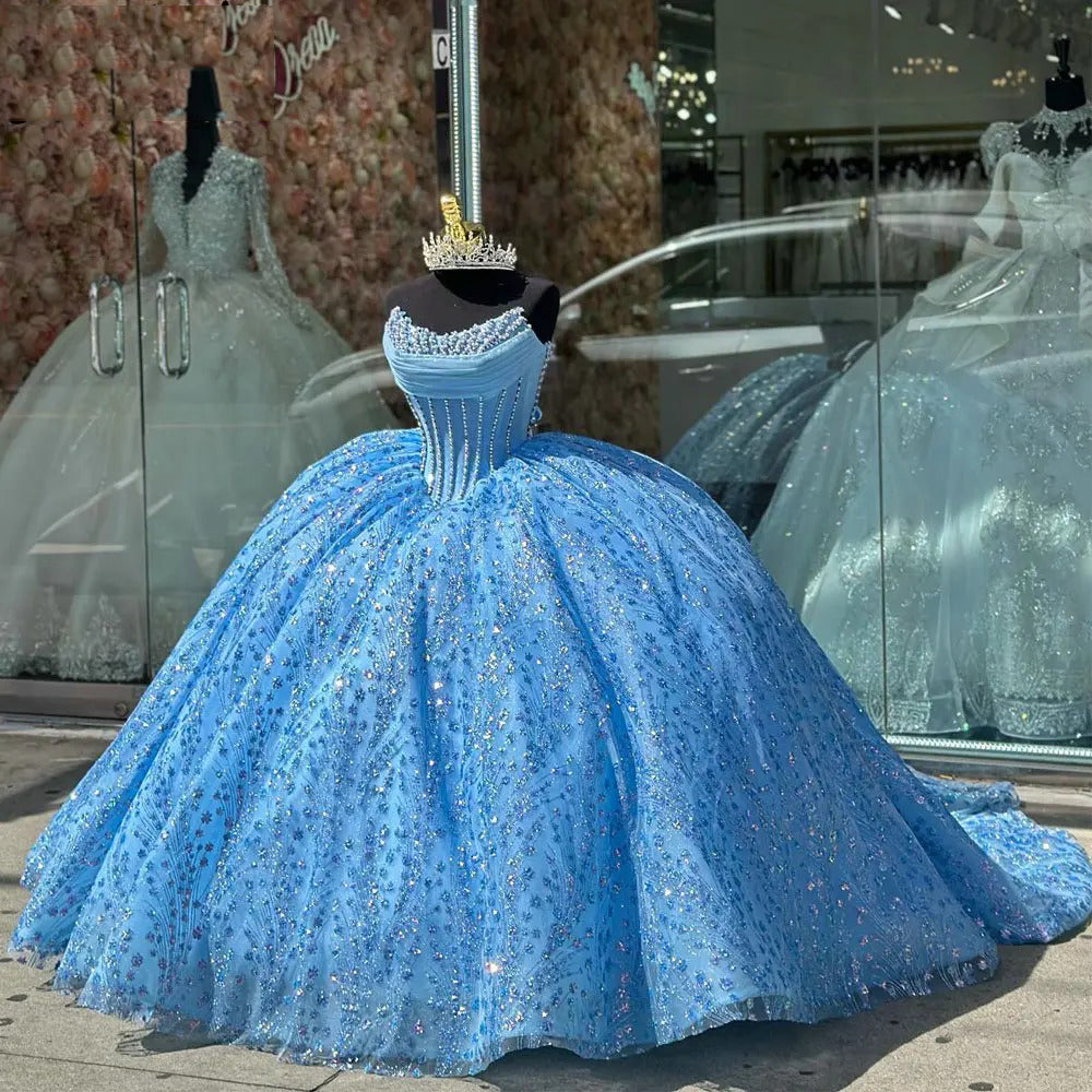Glitter & Glamorous Ball Gown Strapless Fully Beaded Sequins Sky Blue Tulle Quinceanera Dress Princess Birthday Party Gown For Sweet 16