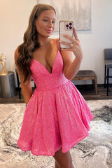 Glitter Hot Pink Homecoming Dress A-Line Short Cocktail Dresses with Pockets