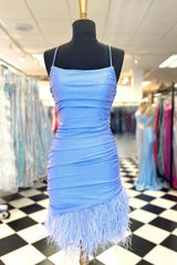 Glitter Light Blue Homecoming Dress Feathered Tight Short Cocktail Dresses
