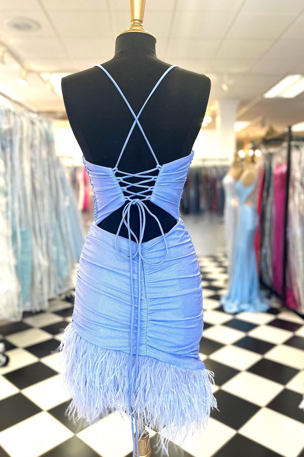 Glitter Light Blue Homecoming Dress Feathered Tight Short Cocktail Dresses