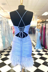 Glitter Light Blue Homecoming Dress Feathered Tight Short Cocktail Dresses