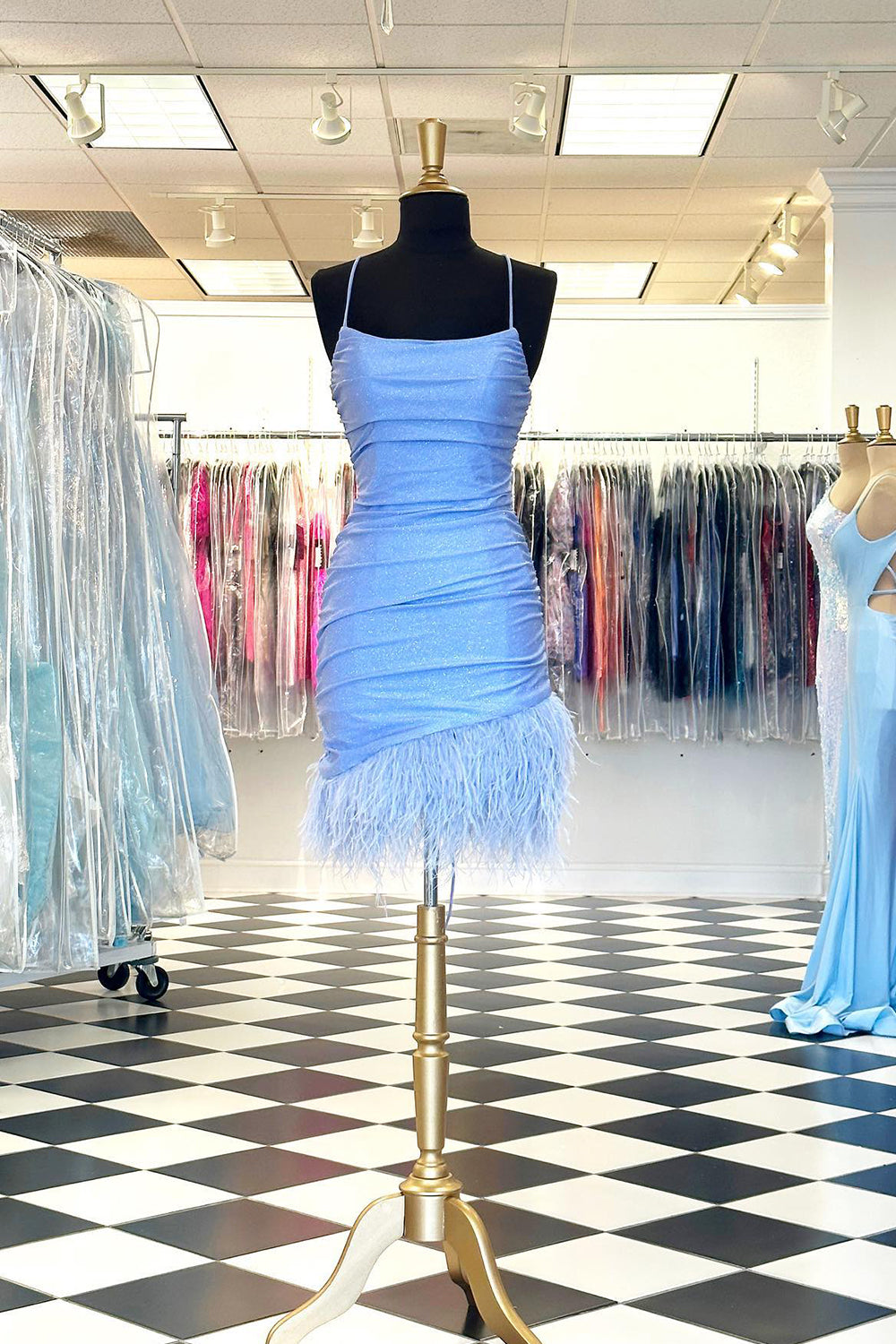 Glitter Light Blue Homecoming Dress Feathered Tight Short Cocktail Dresses