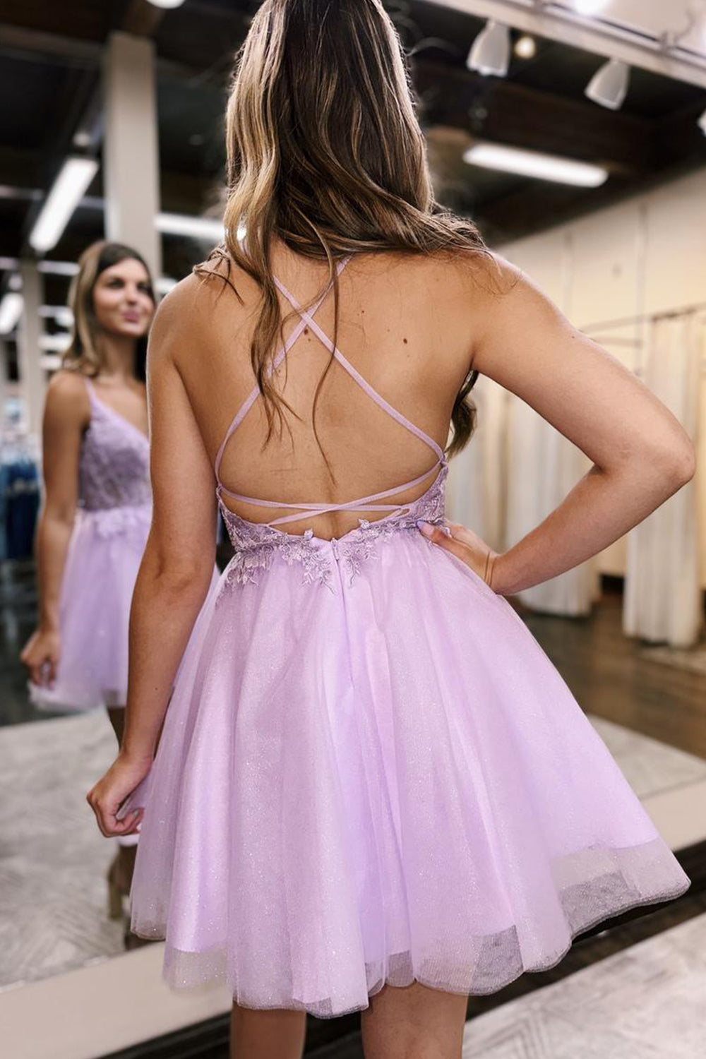 Glitter Lilac Homecoming Dress Corset A-Line Tulle Short Cocktail Dresses with Lace