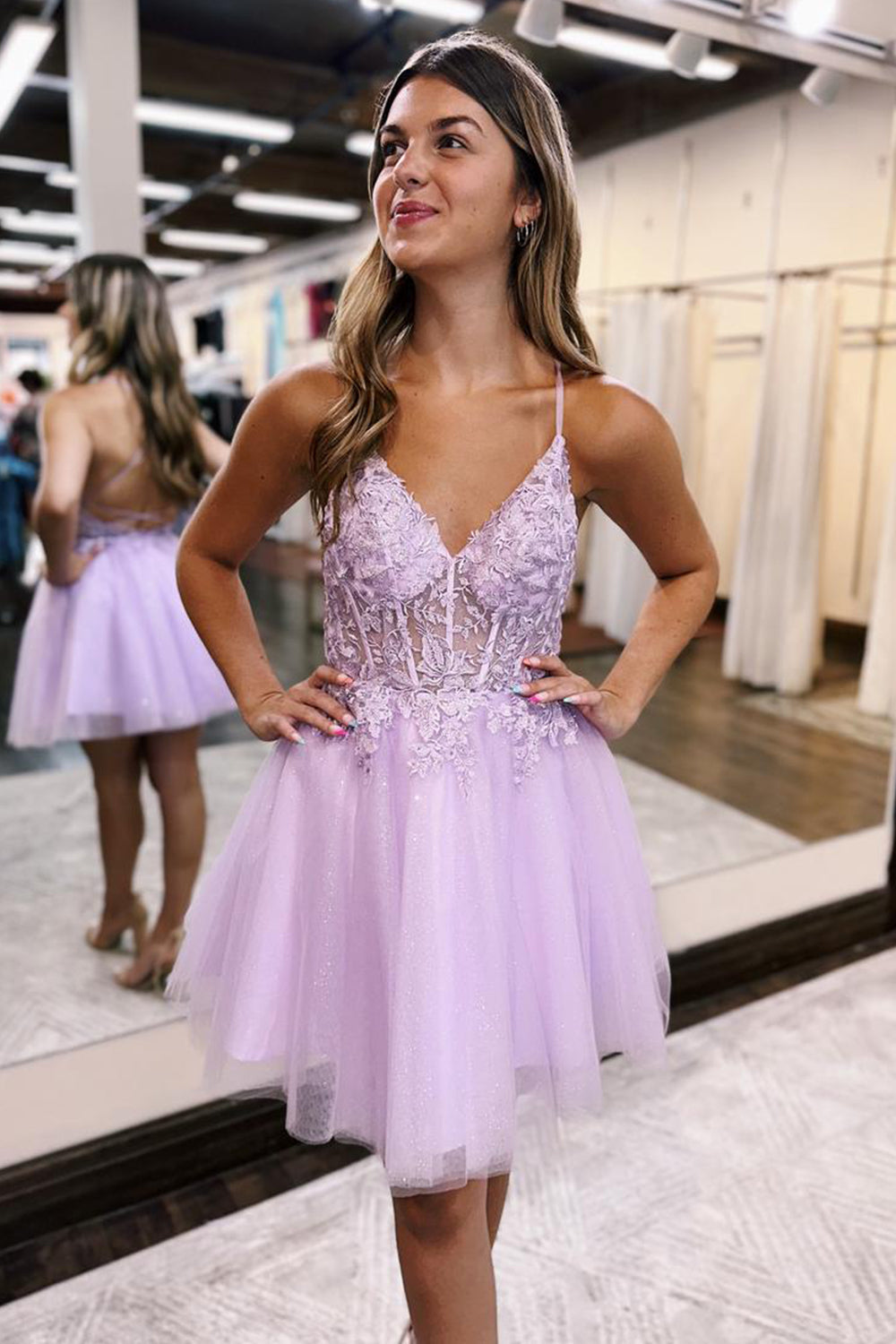 Glitter Lilac Homecoming Dress Corset A-Line Tulle Short Cocktail Dresses with Lace