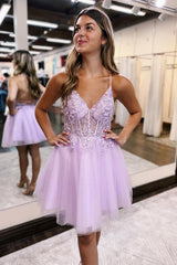 Glitter Lilac Homecoming Dress Corset A-Line Tulle Short Cocktail Dresses with Lace