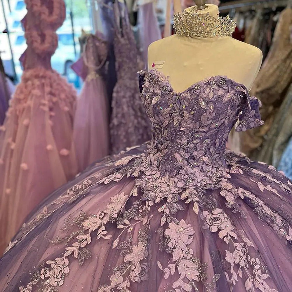 Glitter & Luxury Ball Gown Off Shoulder 3D Floral Lace Appliques Quinceanera Dress Birthday Party Gown For Sweet 16