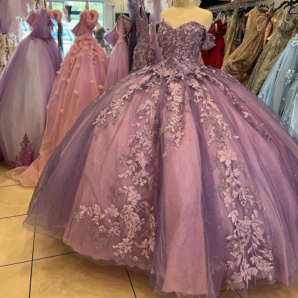 Glitter & Luxury Ball Gown Off Shoulder 3D Floral Lace Appliques Quinceanera Dress Birthday Party Gown For Sweet 16