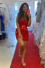 Glitter Mirror Red Homecoming Dress Corset Tight Short Prom Dress