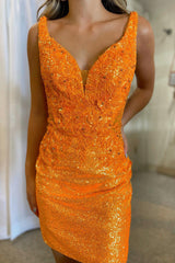 Glitter Orange Homecoming Dress Corset Sequin Tight Short Prom Dress with Appliques