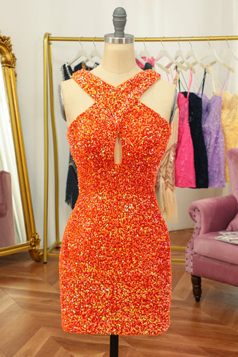 Glitter Orange Homecoming Dress Halter Backless Sequin Tight Cocktail Party Dresses