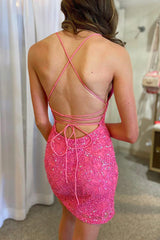 Glitter Pink Homecoming Dress Beaded Tight Sequin Short Prom Dress
