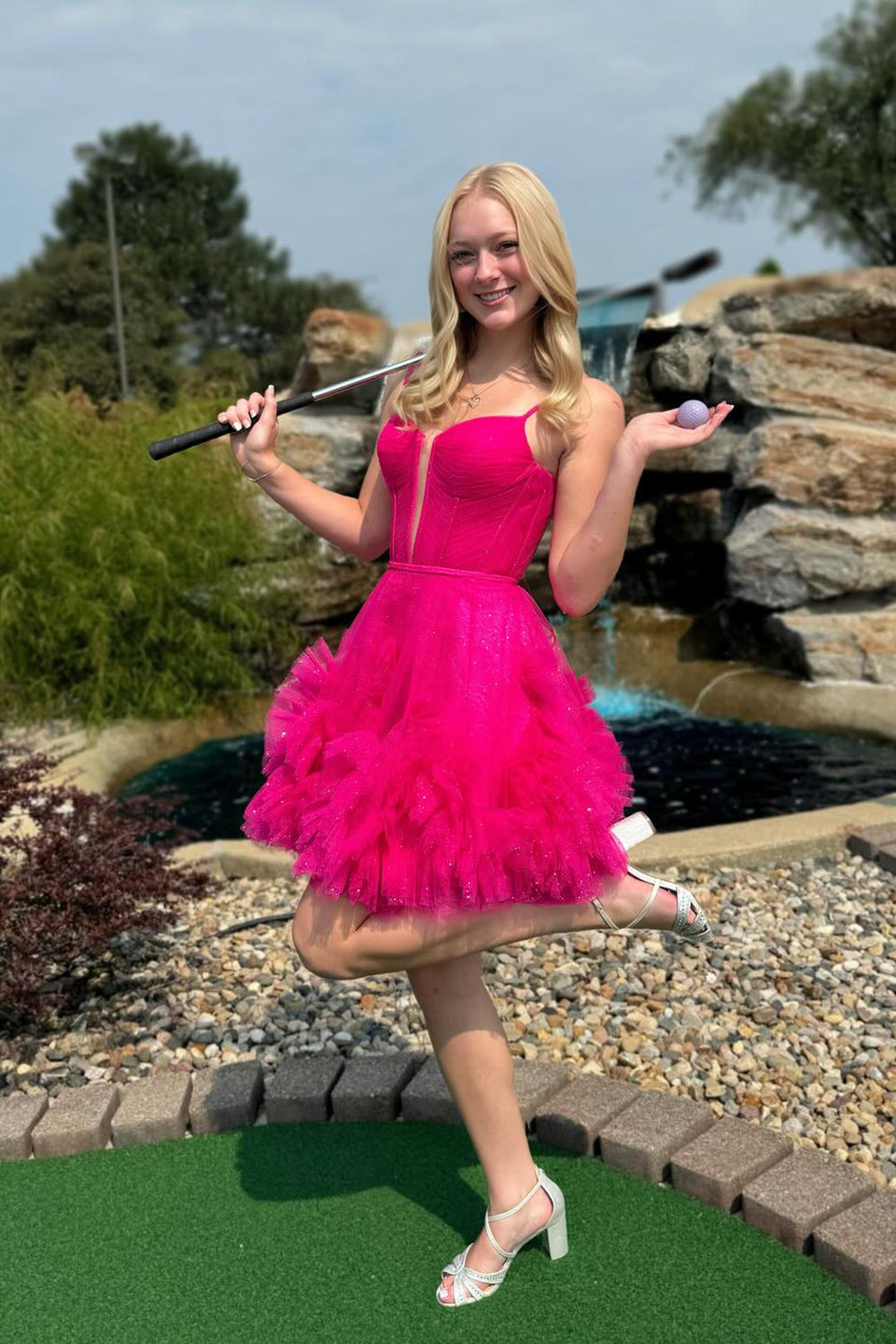 Glitter Pink Homecoming Dress Corset Tulle A-Line Tulle Short Prom Dress With Pocket
