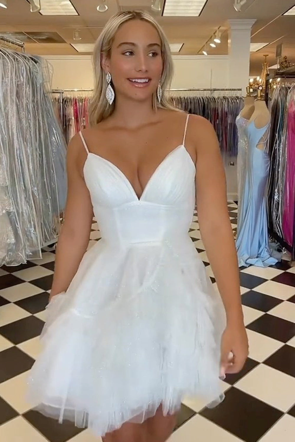 Glitter Pink Homecoming Dress Tulle A-Line Short Ruffled Cocktail Party Dresses