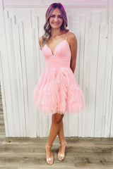 Glitter Pink Homecoming Dress Tulle A-Line Short Ruffled Prom Dress