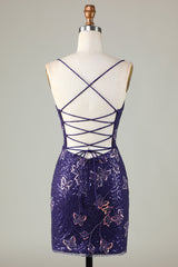 Glitter Purple Homecoming Dress Beaded Sequin Tight Short Butterflies Prom Dress