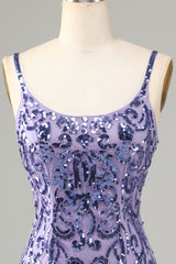 Glitter Purple Homecoming Dress Fringed Sequin Tight Short Prom Dress