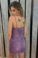 Glitter Purple Homecoming Dress Ruched Tight Short Prom Dress