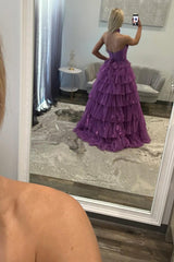 Glitter Purple Strapless Prom Dress Ball Gown Ruffled Pleated Long Formal Dress With Slit