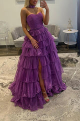 Glitter Purple Strapless Prom Dress Ball Gown Ruffled Pleated Long Formal Dress With Slit