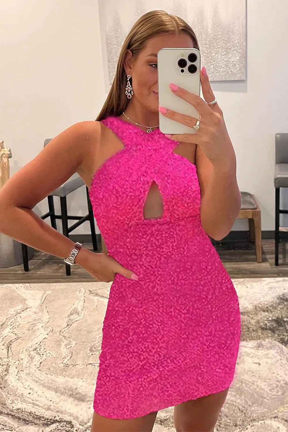 Glitter Royal Blue Homecoming Dress Halter Backless Sequin Tight Cocktail Party Dresses