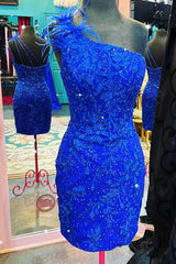 Glitter Royal Blue Homecoming Dress Lace One Shoulder Tight Short Prom Dress with Feathers