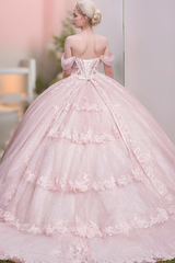 Glitter & Sparkly Ball Gown Off Shoulder Spaghetti Straps Flower Appliques Tiered Baby Pink Tulle Quinceanera Dress Birthday Party Dress For Sweet 16