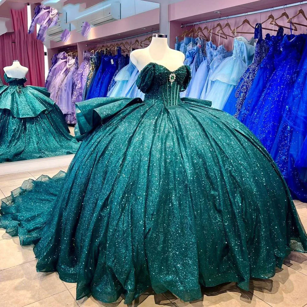 Glitter & Sparkly Ball Gown Off Shoulder Tiered Ruffles Emerald Green Tulle Quinceanera Dress Princess Party Gown For Sweet 16