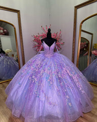 Glitter & Sparkly Ball Gown V Neck Lace Appliques Beaded Bow Knot Lavender Tulle Quinceanera Dress Birthday Evening Party Gown For Sweet 16