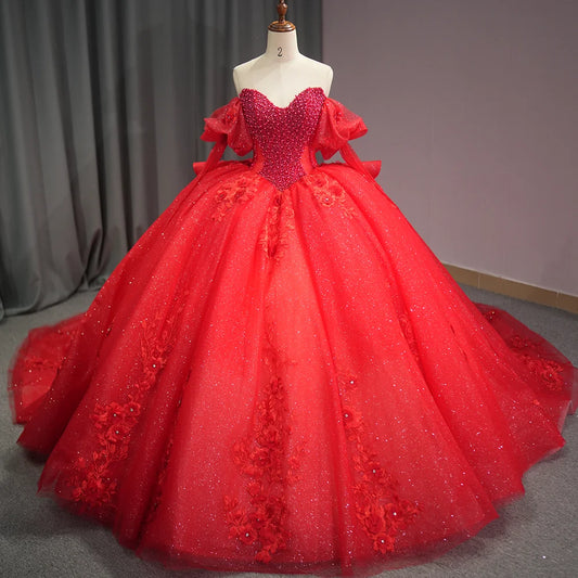 Beaded Long Sleeves Quinceanera Dress Floral Applique Sequins 15 Years Birthday Party Ball Gown Dress