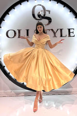 Gold A Line Prom Dress Off the Shoulder Satin Tea Length Formal Dress