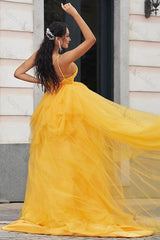 Gold A Line Prom Dress Sleeveless Spaghetti Straps High Low Formal Dress