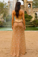 Gold Beaded Formal Dress Tulle Strapless Satin Evening Gown