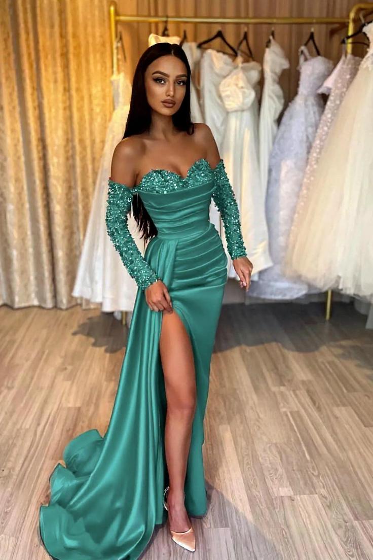 Gold Evening Dress Off the Shoulder Long Sleeves Sequin Satin Prom Dress