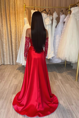Gold Evening Dress Off the Shoulder Long Sleeves Sequin Satin Prom Dress