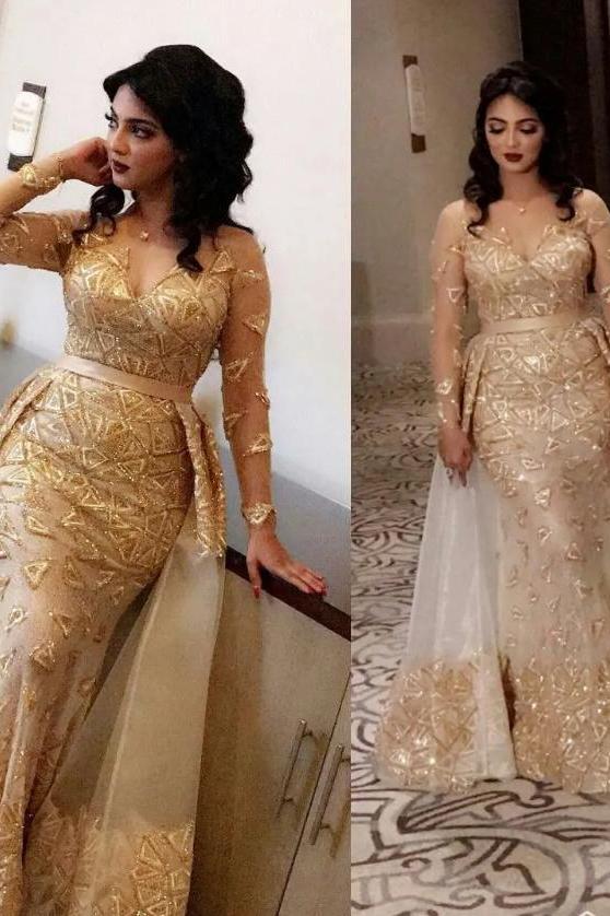 Gold Formal Dress Tulle Long Sleeves Sequin Prom Dress with Panel Train