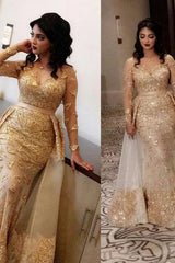 Gold Formal Dress Tulle Long Sleeves Sequin Prom Dress with Panel Train