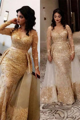 Gold Formal Dress Tulle Long Sleeves Sequin Prom Dress with Panel Train