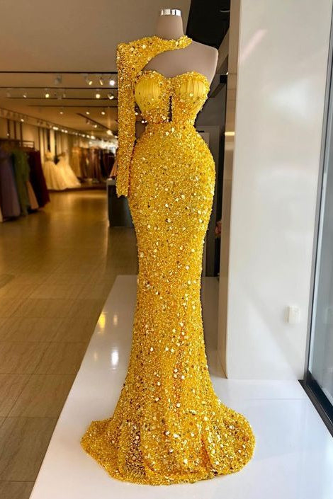 Gold Mermaid Prom Dress Long Sleeve Sequined One Shoulder Formal Dress