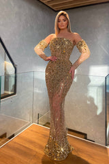 Gold Mermaid Prom Dress Long Sleeve Strapless Beaded Formal Dress