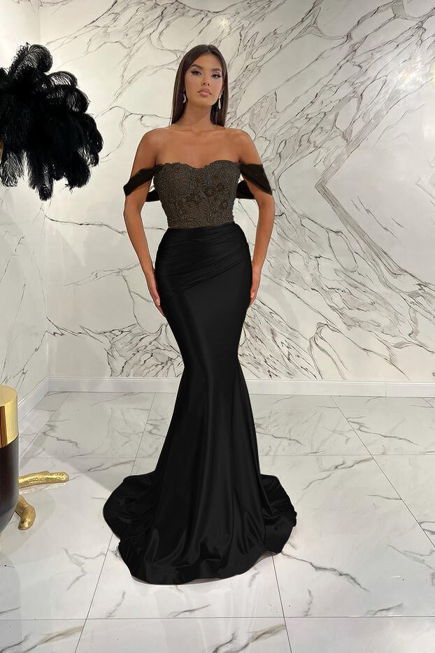 Gold Mermaid Prom Dress Off the Shoulder Formal Dress With Lace Appliques